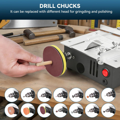 Compact Mini Table Saw Featuring Game Changing Dual Motor Safety Switches with drill chuck for grinding and polishing.