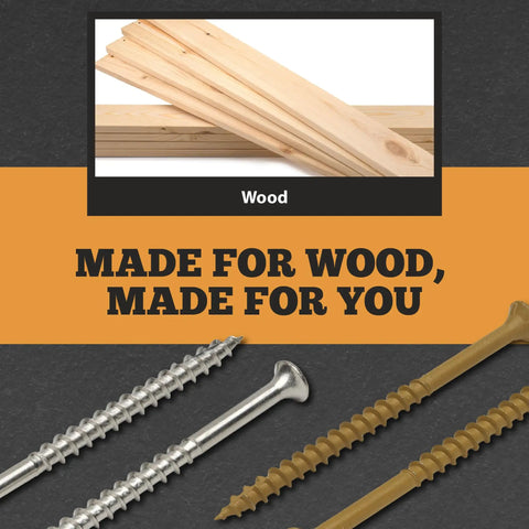 Built Rugged Wood Screws Size 8 X 1.25 Inch With Torx T20 Star Drive And Type Seventeen Cutting Tip For Pressure Treated Lumber Tan Finish Includes Bonus Bit, displayed next to wooden boards.