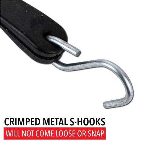 Close-up of Heavy Duty EPDM Rubber Bungee Cords With Hooks 21 Inch with crimped metal S-hooks detail, Made In USA.