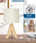 Boho Wood Tripod Table Lamp With Linen Fabric Shade For Nightstand Or Bedside Use Cozy Warm Glow For Living Room Bedroom Nursery Or Kids Room Fourteen Point Two Inch Tall With Simple On Off Switch with dimensions and plug shown