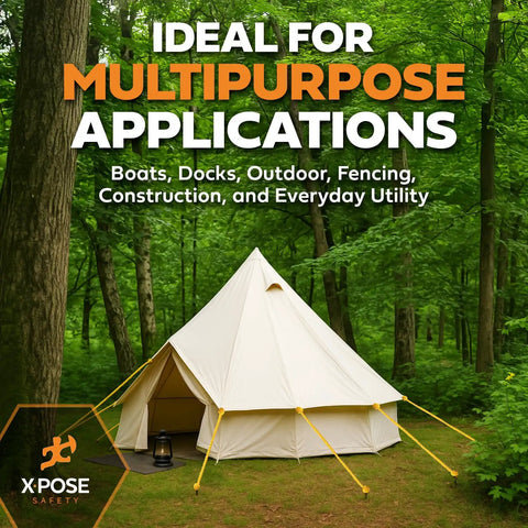 Tent in forest with text 'Ideal for Multipurpose Applications' indicating versatile outdoor use.