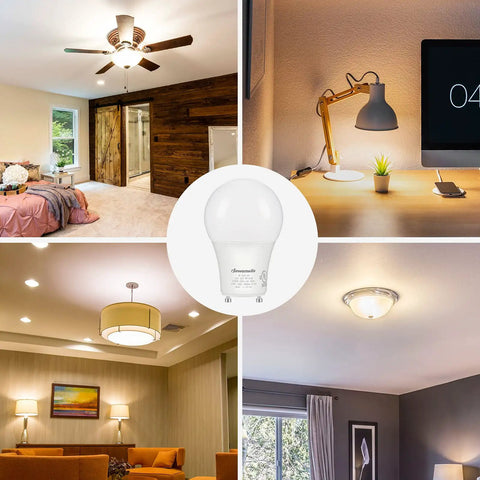 GU24 LED Light Bulbs A19 Shape 9W 800 Lumens 60W Equivalent Dimmable Warm White 2700K Twist Lock Base UL Listed 4 Pack in various lighting settings