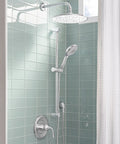 Spectra Plus Rain 11 Inch Shower Head With 2.5 GPM Flow, polished chrome finish in tiled modern bathroom