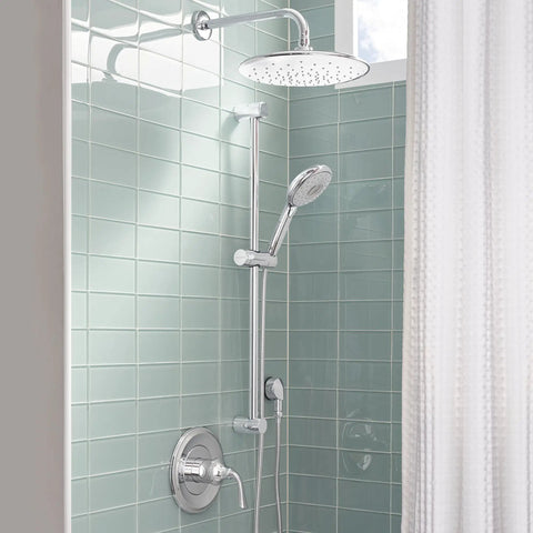 Spectra Plus Rain 11 Inch Shower Head With 2.5 GPM Flow, polished chrome finish in tiled modern bathroom