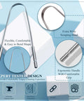 Stainless Steel Tongue Scraper For Adults 2 Pack With Multicolor Travel Case, close-up of ergonomic design and wide scraping head.