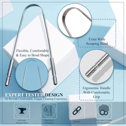 Stainless Steel Tongue Scraper For Adults 2 Pack With Multicolor Travel Case, close-up of ergonomic design and wide scraping head.