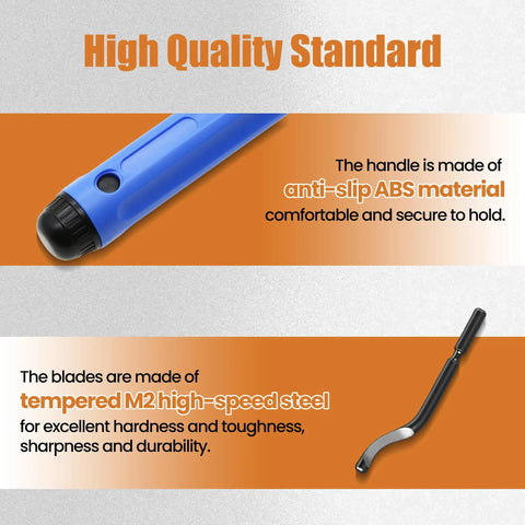 Close-up of Flexible Pipe Deburring Tool With Swivel Blades And Anti Slip Handle, highlighting blue ABS handle and M2 steel blade.