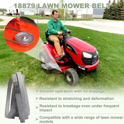 Aramid Replacement Drive Belt For Lawn Mower Decks Fits Woods 18879 RD72 RD7200 Frontier GM1072R in use on a red lawnmower.