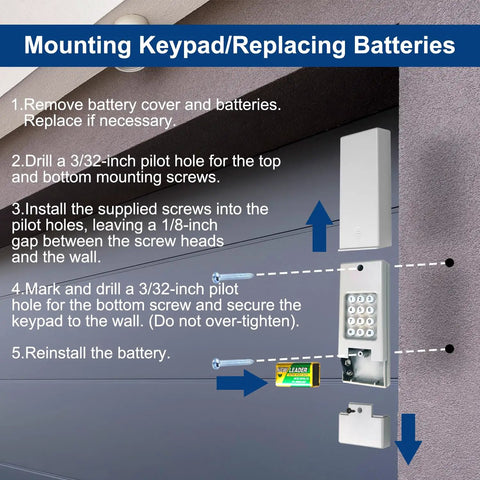 Wireless Garage Door Keypad Works With LiftMaster Chamberlain Craftsman Wayne Dalton Openers Since 1993 Replaces 877 878 Keyless Entry Safe Security No Brainer To Install, mounted on a garage door showing installation steps