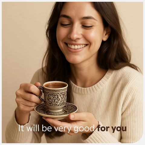 Woman enjoying Minnettar Dibek Coffee With Carob And Pistachio Stone Ground Turkish Blend in ornate cup and saucer
