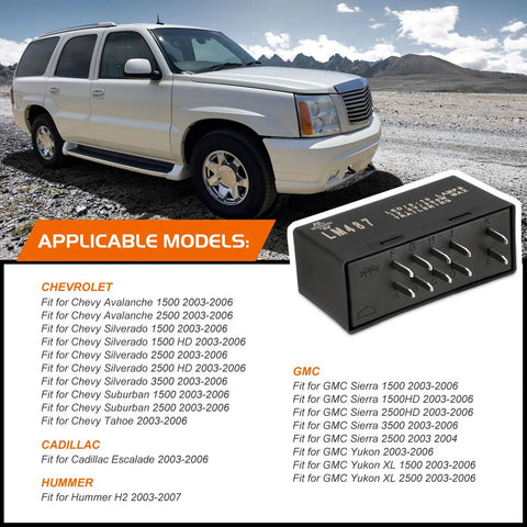 Image showing a Hyper Flash LED Flasher Relay Fix for Chevy Silverado Avalanche GMC Sierra Yukon Turn Signals for 2003-2006 trucks.