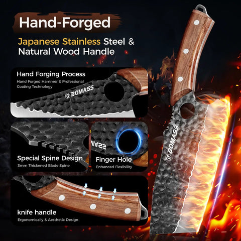 Three Piece Hand Forged Butcher Knife Set with unique handle and special spine design, featuring a finger hole for flexibility.