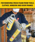 Person using Spray Foam Gun Cleaner And Uncured Polyurethane Foam Dissolver 12.3 Oz 1 Pack For Quick Cleanup Of Insulation Guns