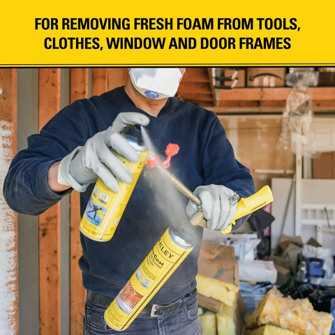 Person using Spray Foam Gun Cleaner And Uncured Polyurethane Foam Dissolver 12.3 Oz 1 Pack For Quick Cleanup Of Insulation Guns