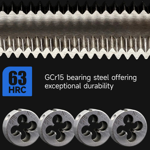 Close-up of All In One 100 Piece Drill And Tap Set With SAE And Metric Sizes For External And Internal Threading, showcasing steel dies.