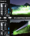 Rechargeable LED Headlamp With Zoomable Beam, 99000 Lumens, 12 Modes; depicting zoom and outdoor lighting.