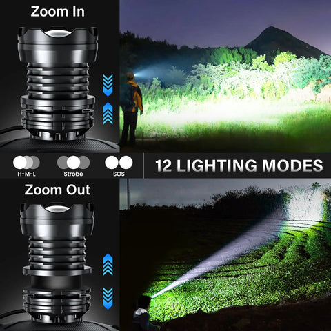 Rechargeable LED Headlamp With Zoomable Beam, 99000 Lumens, 12 Modes; depicting zoom and outdoor lighting.