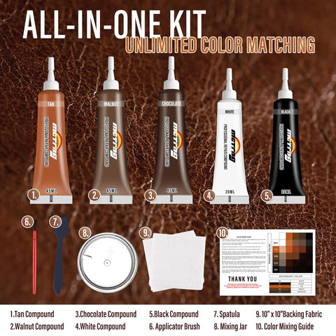 Slick Legit Leather And Vinyl Repair Kit For Couch Furniture Sofa Chair And Seats Featuring Realistic Brown Shade Mixing Tools includes color compounds.
