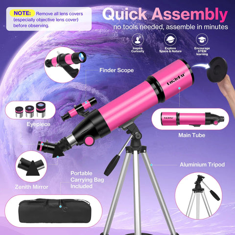 High Powered 80mm Refractor Telescope For Adults And Kids Portable 600mm Travel Scope With accessories and features shown