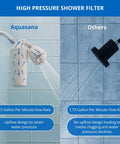 Comparison of Dermatologist Recommended Shower Filter For Softer Skin And Healthier Hair With Ninety Percent Chlorine Reduction For Six Months High Pressure Chrome Wand Shower Head Model AQ 4105CHR and standard shower head showing flow rates and design features.