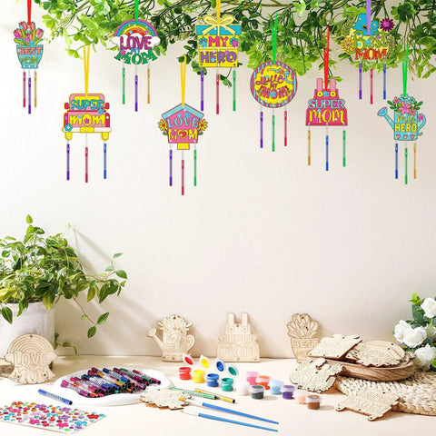 DIY Wind Chime Craft Kit Make Your Own Chimes For Moms Day Gift With 30 Wooden Pieces And 90 Tubes In 5 Colors displayed on table.