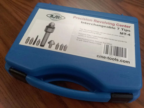 Blue case containing 9 Piece Lathe Ready Live Center Set With Morse Taper 4 Shank Swap In 7 Tips, shown closed with label.