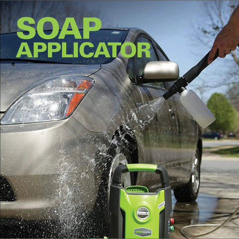 Powerful 1500 PSI 1.2 GPM Pressure Washer With Upright Hand Carry spraying soap on car, horizontal use, shows soap applicator