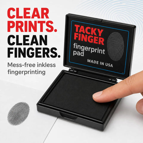 Top Shelf Premium Inkless Fingerprint Tacky Sheets For Notary And Legal Forms Black 4 Pack with open pad and finger pressing.