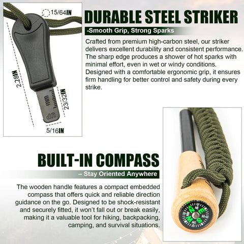 Ferro Rod Fire Starter Kit With Carbon Steel Striker And Compass Integrated Hardwood Handle for camping, hiking, bushcraft.