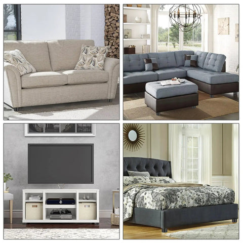 Living room and bedroom furniture setups featuring sofas, sectional, entertainment center, and bed showcasing décor styles.