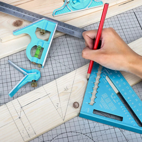 Person using Rafter Square And Combination Square Tool Set Pro Grade Built For Pros And DIYers with penciled wood measurements.