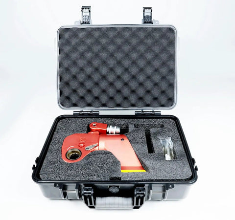 Pro Grade Hydraulic Torque Wrench With Beefed Up Square Drive And Corrosion Proof Alloy Build For Heavy Duty Bolt Tightening in protective case.