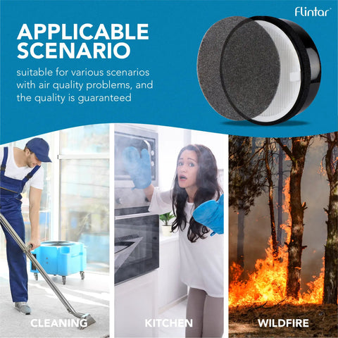 Replacement Filter For Levoit LV-H132 Air Purifier With H13 True HEPA Filter, Activated Carbon, Three-Stage Filtration shown in use during cleaning, cooking, and wildfire scenarios.