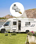 CALPOSE 2-stage propane regulator with POL for RVs and campers; metal body with brass connector beside an RV.
