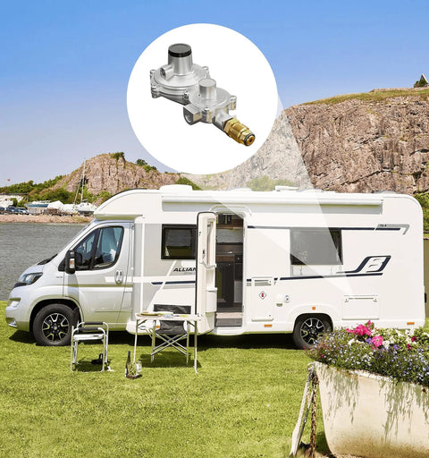 CALPOSE 2-stage propane regulator with POL for RVs and campers; metal body with brass connector beside an RV.