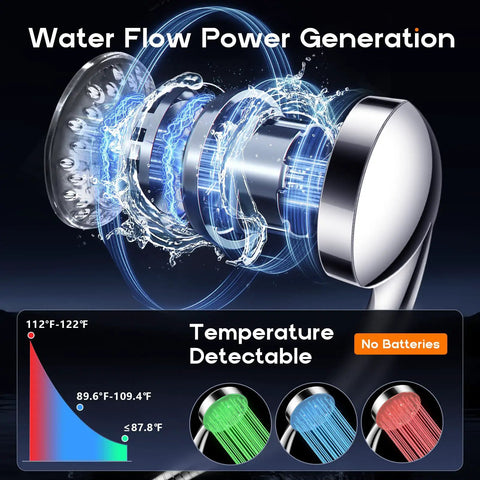 High Pressure 10 Inch Rain Shower Head With 11 Inch Adjustable Extension Arm And 5 Setting Handheld Shower, Brushed Nickel Combo displaying water flow and temperature detection