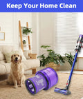 Two Pack Dyson V11 And V15 Vacuum Filter Replacements in living room with dog and vacuum cleaner