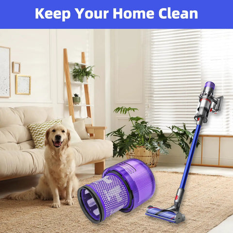 Two Pack Dyson V11 And V15 Vacuum Filter Replacements in living room with dog and vacuum cleaner