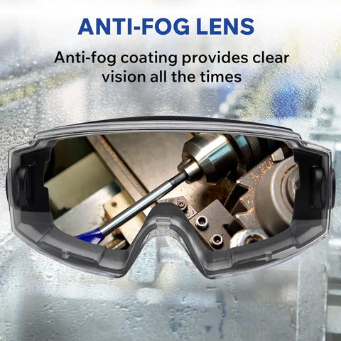 Clear lens over glasses safety goggles with anti-fog coating, showing industrial use. Eye protection for lab work ANSI Z87.1.