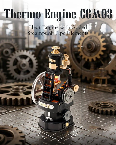 Thermo Engine 3D Puzzle With Realistic Lighted Furnace, DIY Building Kit For Adults, Interactive Mechanical Model, Desk Decor, Gift For Tech Nerds, Mechmix Series Compatible And Expandable. 4.4in black metal engine model