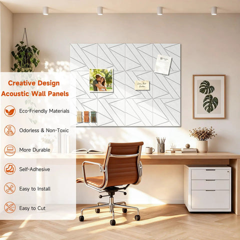 Super Easy Peel And Stick Acoustic Wall Panels High Density Polyester Fiber Sound Absorbing Tiles 12 Pack Snow White in a home office setting.
