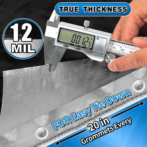 Digital caliper measuring Rugged Heavy Duty Tarp With 16 Mil Thickness And Metal Grommets Every 18 Inches, 20 Feet By 30 Feet In Silver