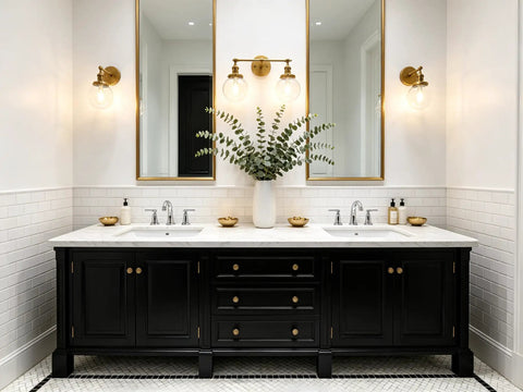 Bathroom with Vintage Industrial Wall Sconce With Switch 180 Degree Adjustable Hardwired Vanity Light With 5.9 Inch Globe Glass Shade In Antique Gold