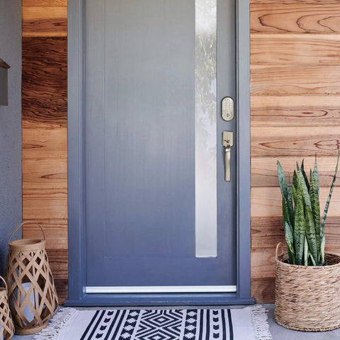 Front door with Assure Lock Keypad Door Lock in Satin Nickel Keyless Entry with Backlit Numeric Pad, smart home ready