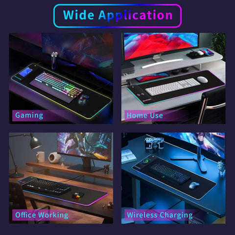 RGB Gaming Mouse Pad With 15W Wireless Charging, Massive 800x300x4mm Desk Mat, shown in various usage scenarios