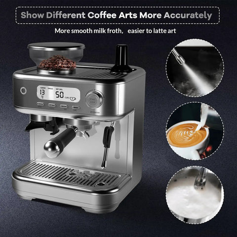 Killer Espresso Machine With Built In Grinder And LCD Display 15 Bar Professional Coffee Maker PID Temp Control stainless steel design for lattes.