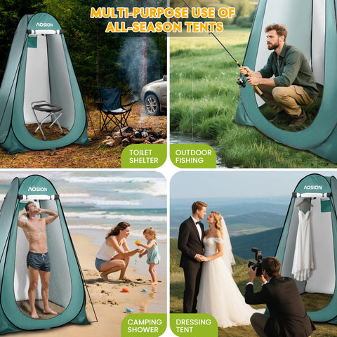 Extra Tall Pop Up Privacy Shower Tent for Camping and Beach Trips Easy Up Changing Room with multiple uses shown