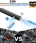Diagram of HD 1920P Endoscope Camera With Light And 9 Adjustable LEDs 33ft, showing dual lens angles and use in inspections.
