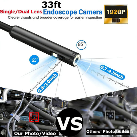 Diagram of HD 1920P Endoscope Camera With Light And 9 Adjustable LEDs 33ft, showing dual lens angles and use in inspections.