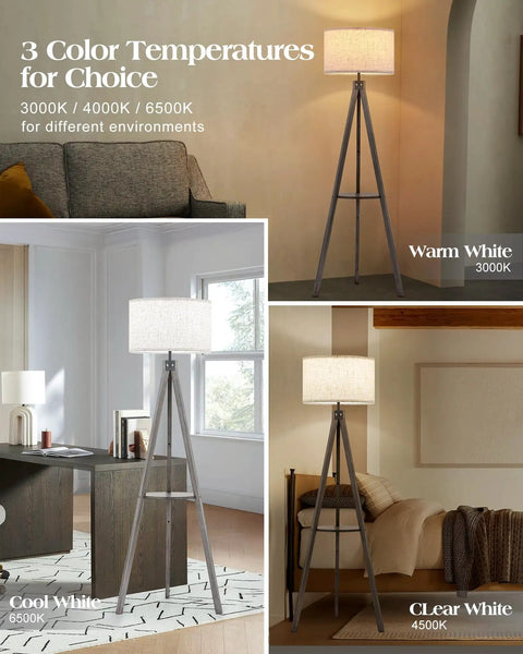 Solid Wood Tripod Floor Lamp With Built In Table And Corner Shelf Mid Century Modern Reading Lamp With Drum Shade Tall Brown Floor Lamp For Living Room Bedroom Or Office LED Bulb Included